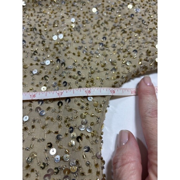 Aidan Mattox Sequin Cocktail Dress Gold Tan 2 Cold Shoulder Silk Lined - Picture 5 of 10